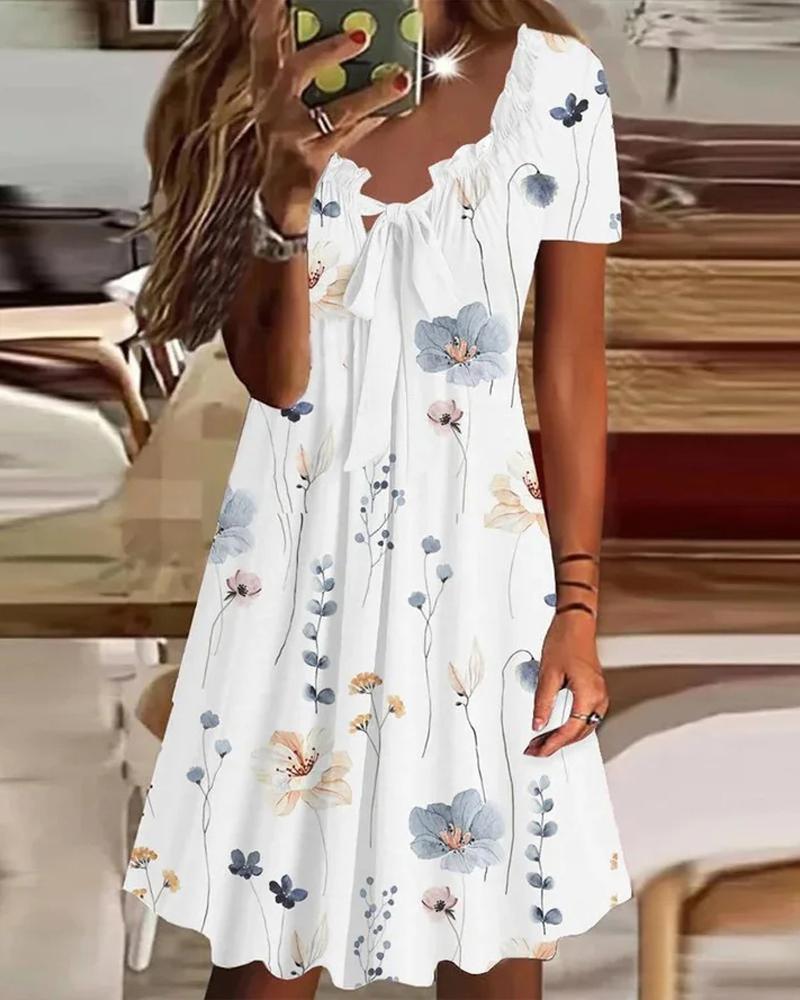 

Floral Print Tied Detail Casual Dress, White