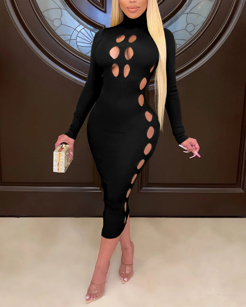 

Hollow Out Long Sleeve Bodycon Dress, Black