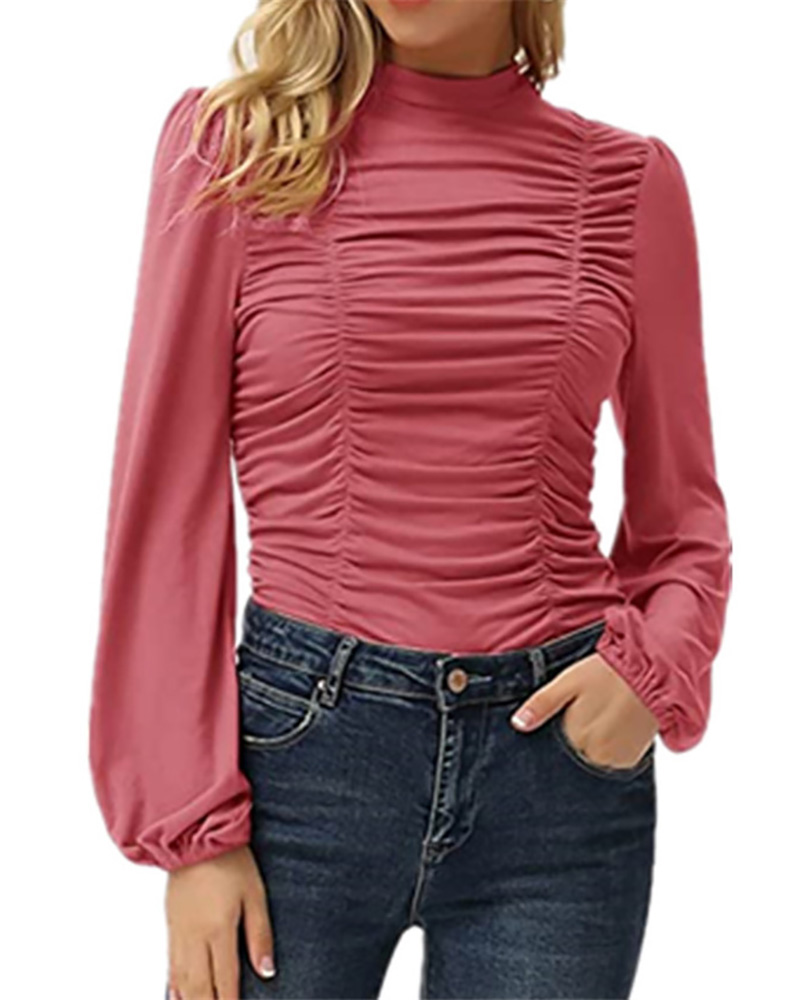 

O Neck Lantern Sleeve Ruched Top, Red