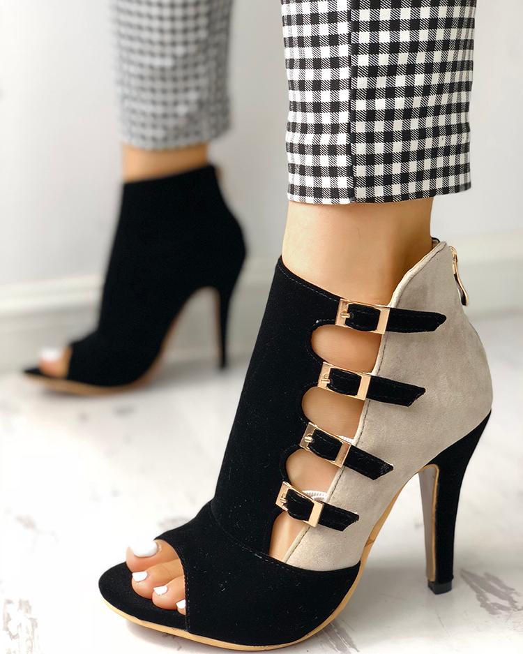 Colorblock Splicing Hollow Out Buckled Thin Heels