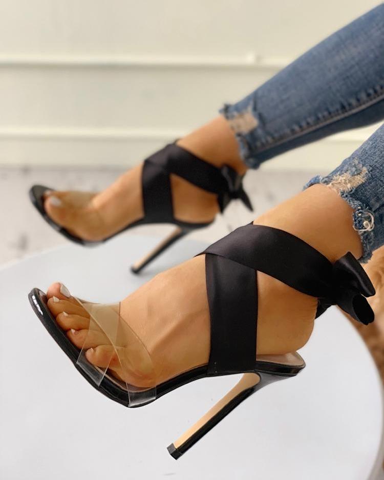 

Crisscross Transparent Strap Bow Sandals, Black