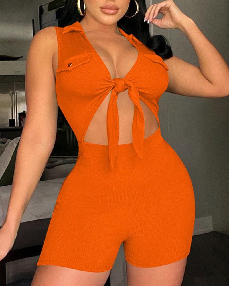 

Tied Detail Cutout Front Ribbed Sleeveless Romper, Orange