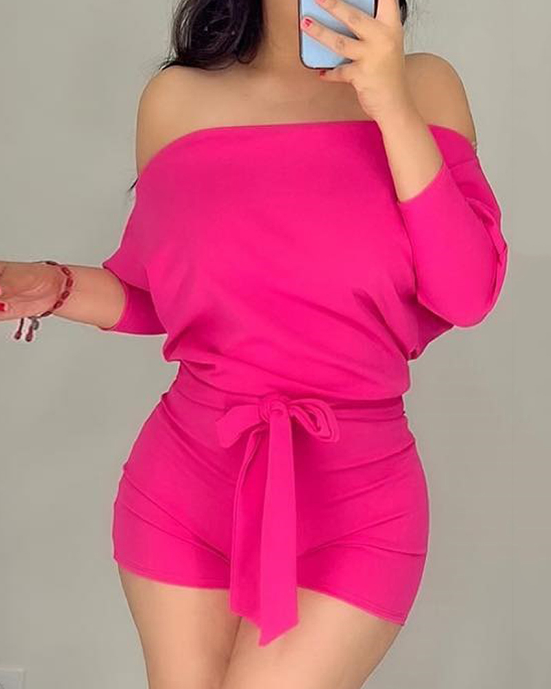 

Batwing Sleeve Off Shoulder Tied Detail Romper, Hot pink