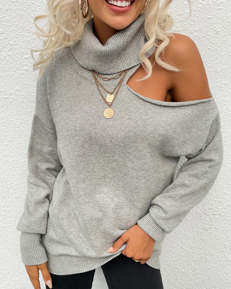 

Turtleneck Long Sleeve One Shoulder Sweater, Gray