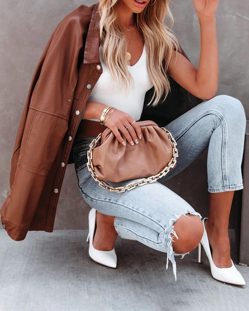 

Long Sleeve PU Leather Button Design Coat, Coffee