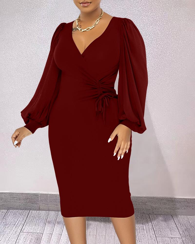 

Lantern Sleeve Drawstring Midi Dress, Wine red