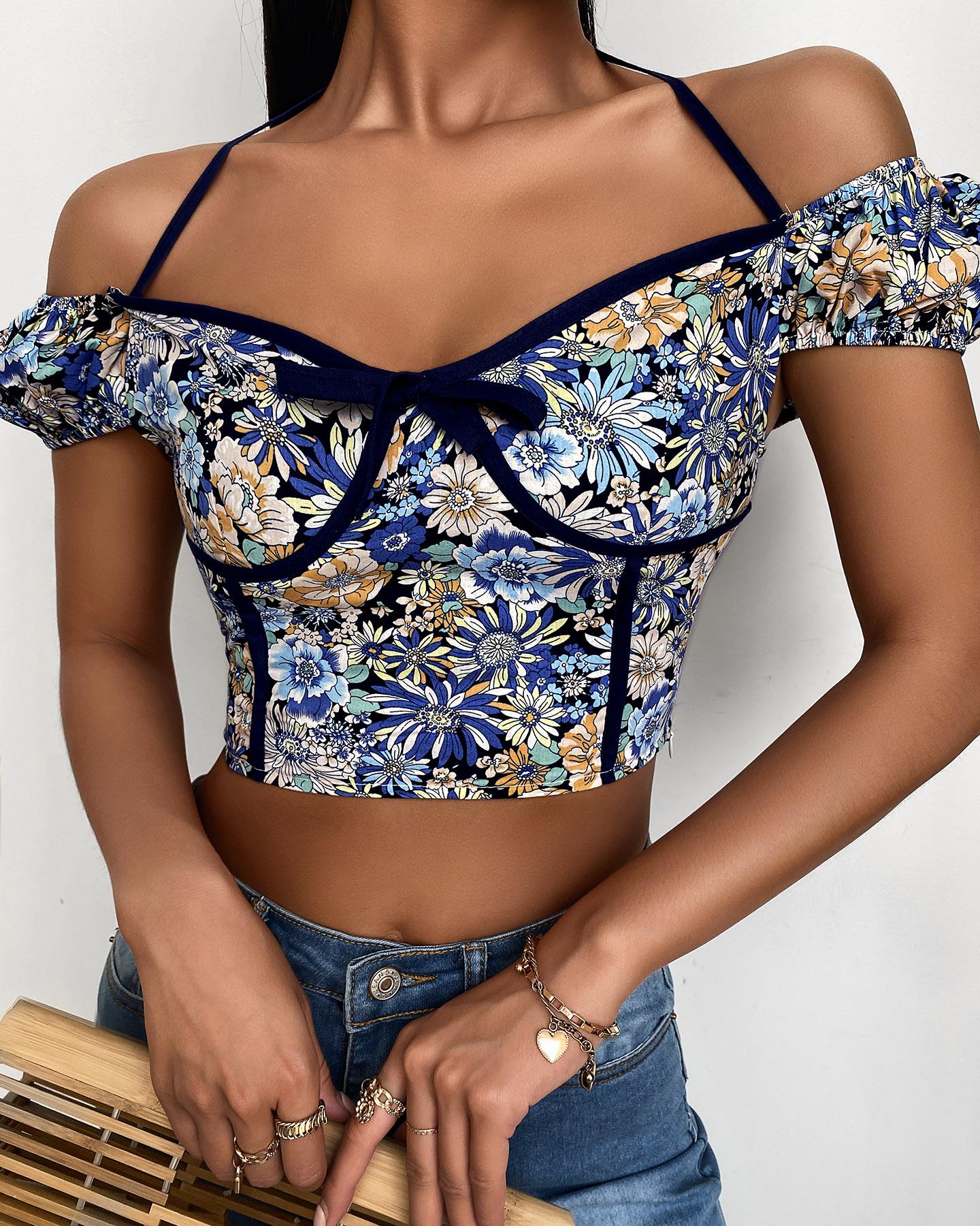 

Contrast Binding Halter Floral Print Crop Top, Blue