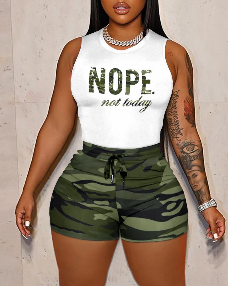 

Camo Letter Print Tank Top & Drawstring Shorts Set, Camoflage
