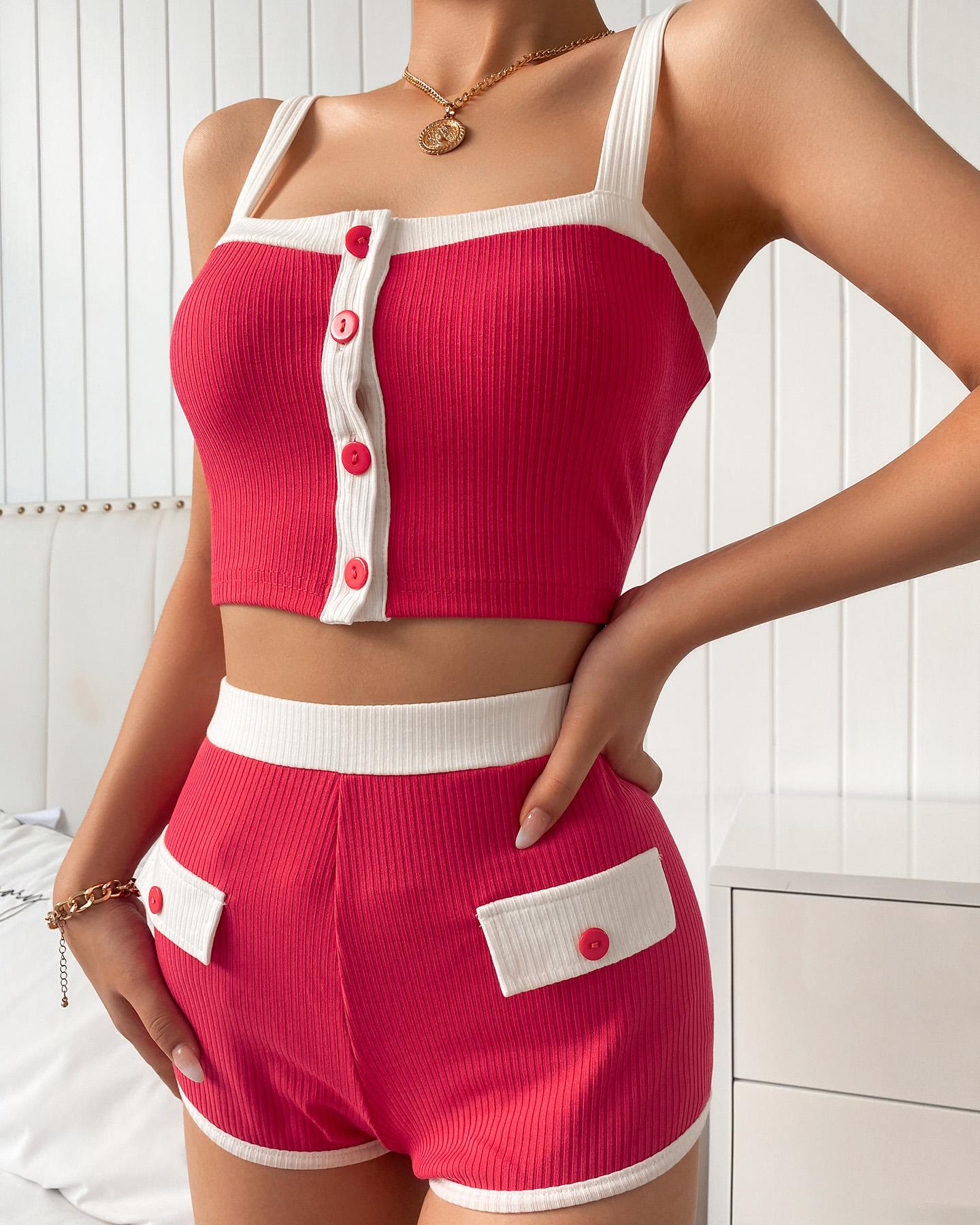 

Colorblock Buttoned Crop Top & High Waist Shorts Set, Hot pink