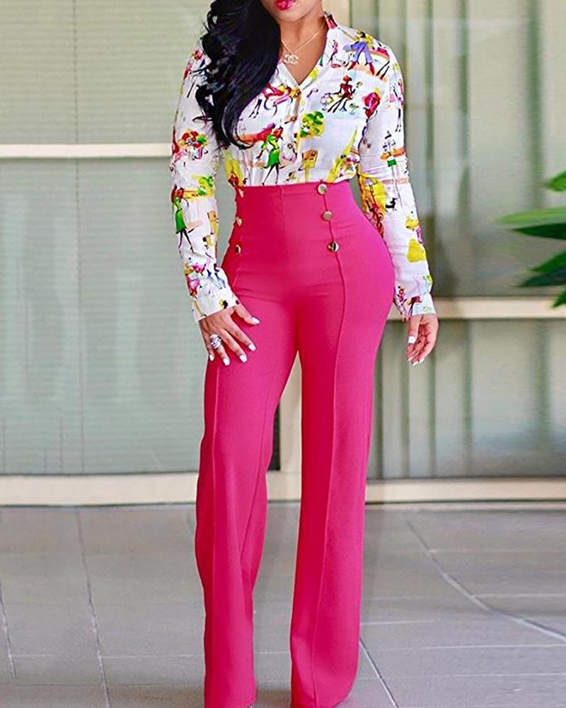 

Double-breasted High Waist Wide Leg Pants, Hot pink