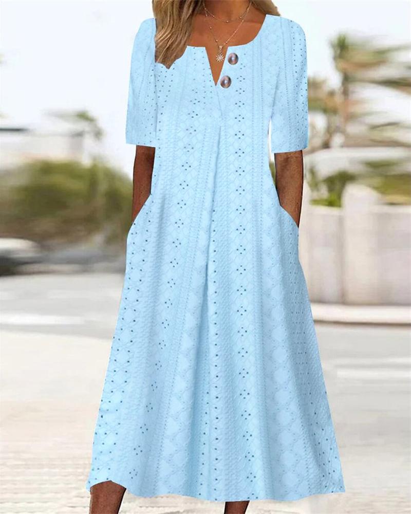 

Eyelet Embroidery Pocket Design Casual Dress, Blue