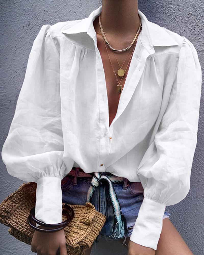 

Puff Lantern Sleeve Button Down Shirt, White