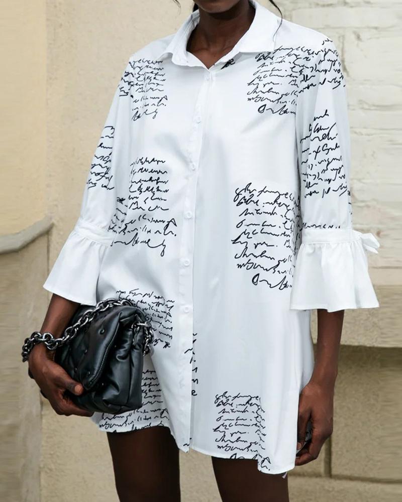 

Plus Size Letter Print Bell Sleeve Button Down Shirt, White