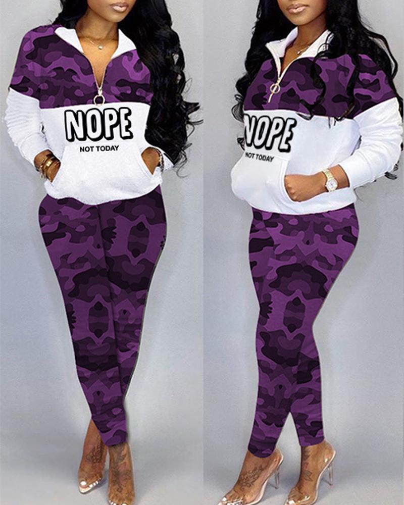 

Camouflage Letter Print Zip Detail Casual Top & Pants Set, Purple