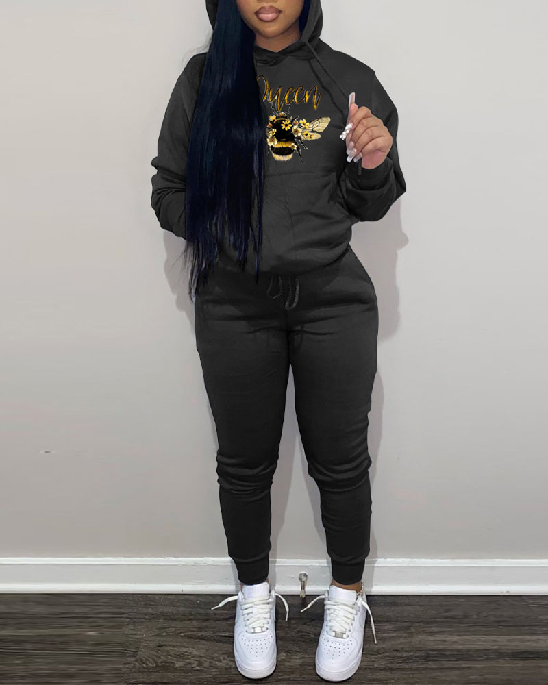 

Letter Bee Print Drawstring Hoodie & Sweatpants Set, Black