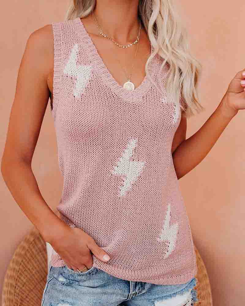 

Thunder Pattern Colorblock V-Neck Knit Tank Top, Pink