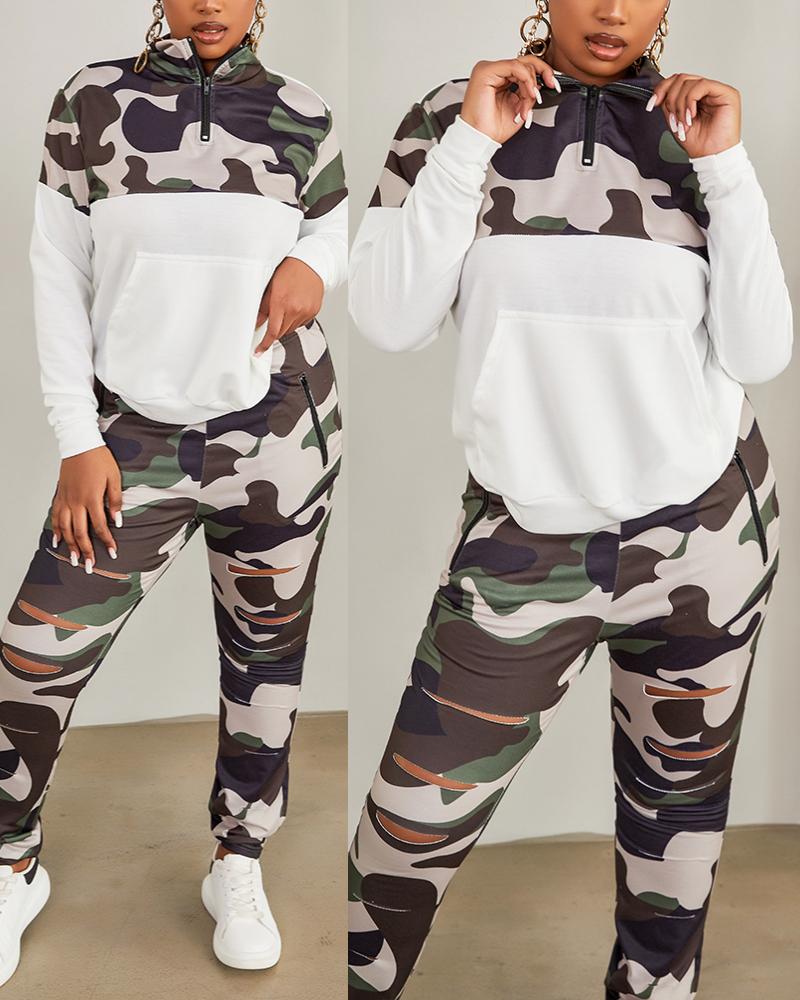 

Plus Size Camo Print Long Sleeve Top & Ladder Cutout Pants Set, Camoflage