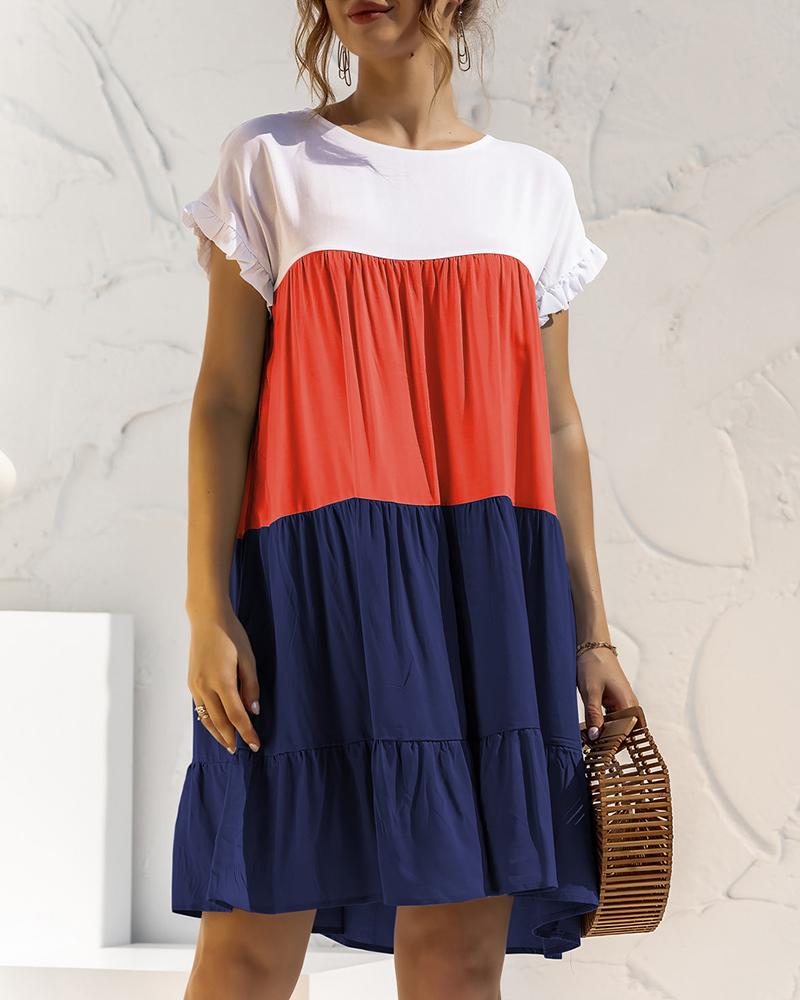 

Colorblock Frill Hem Short Sleeve Casual Dress, Dark blue