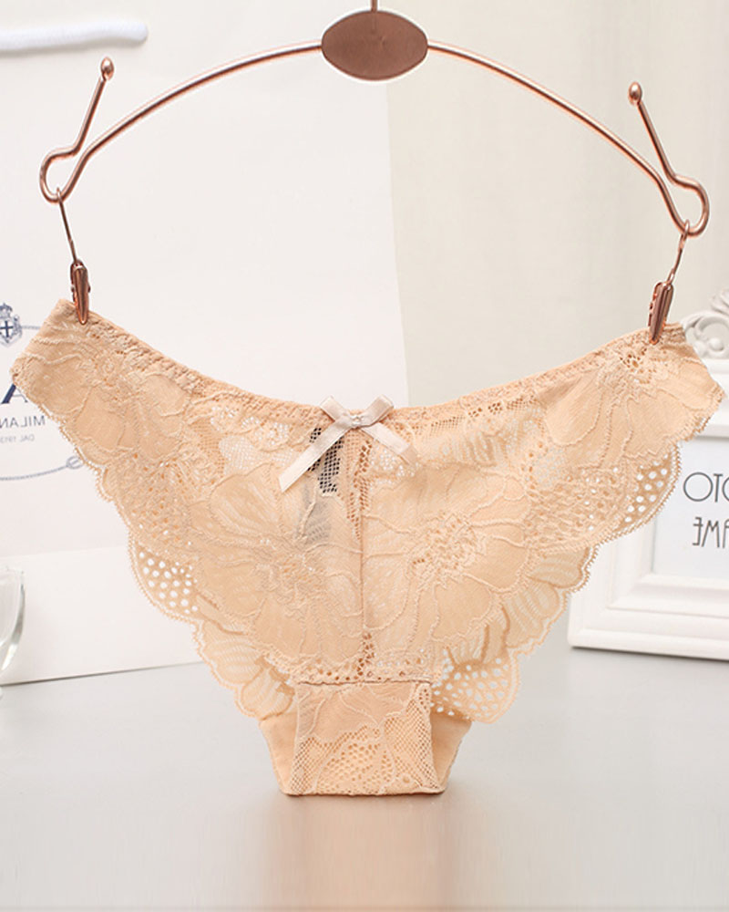 

Scallop Trim Bowknot Decor Floral Lace Panty, Nude