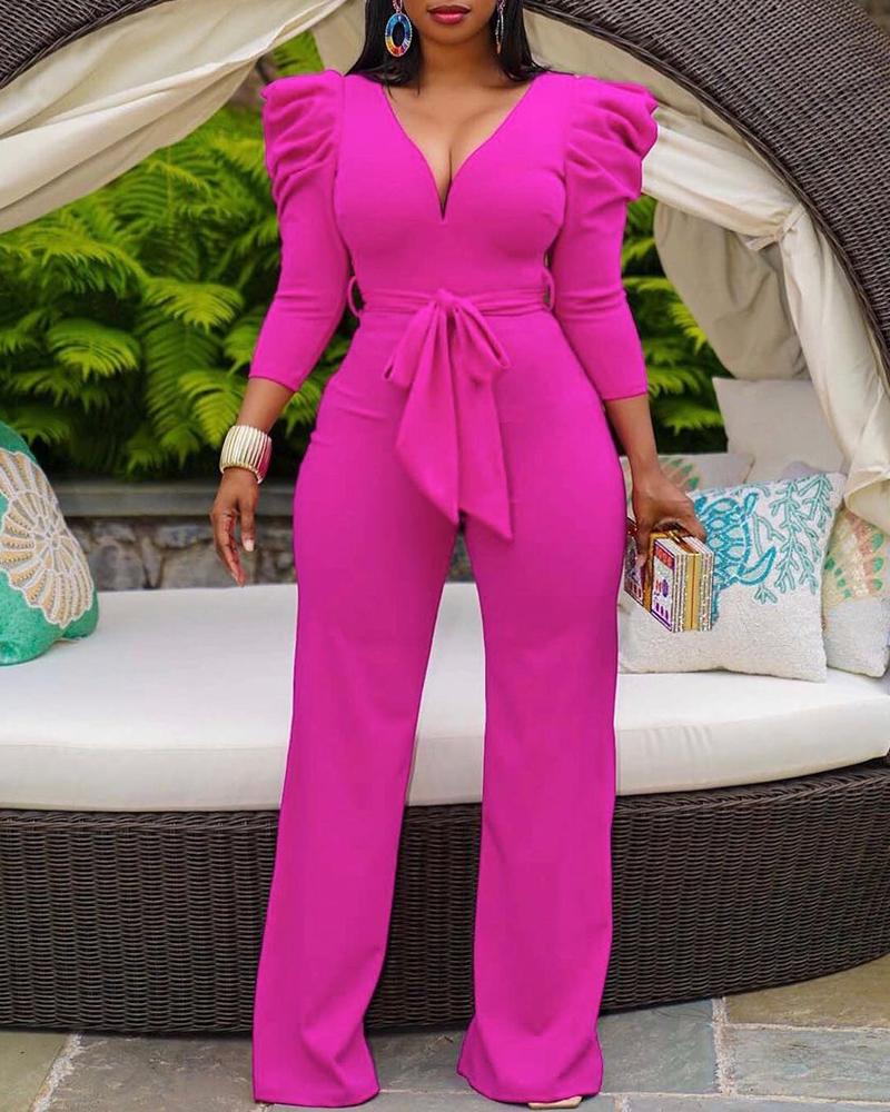 

Gigot Sleeve Tied Detail V-Neck Jumpsuit, Hot pink