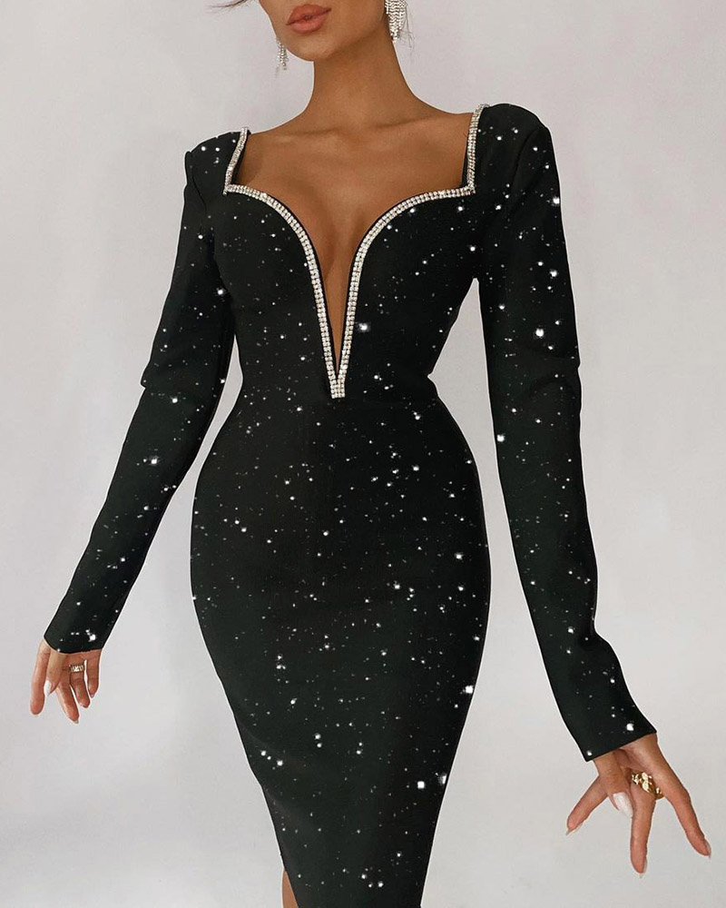 

Glitter Plunge Rhinestone Decor High Slit Party Dress, Black