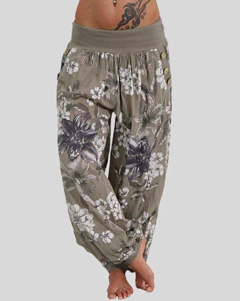 

Floral Print Button Decor Low Waist Pants, Army green