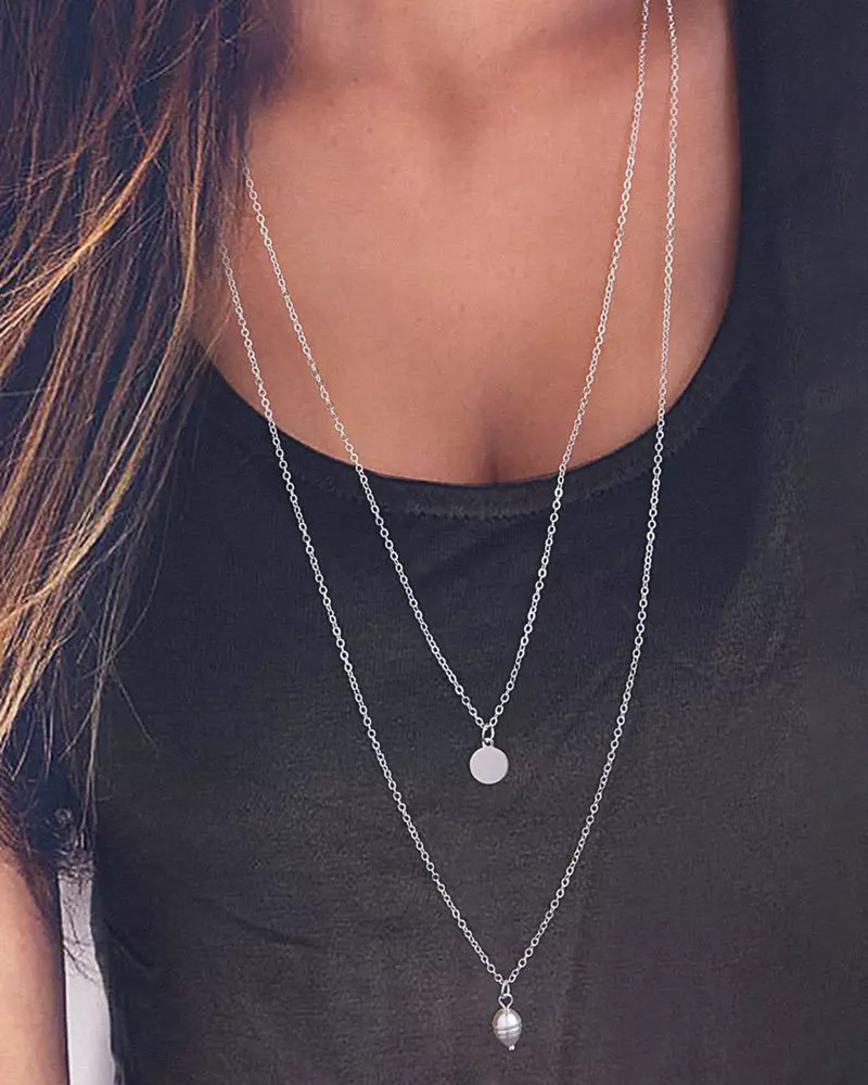 

2PCS Disc Waterdrop Pendant Necklaces Set, Silver