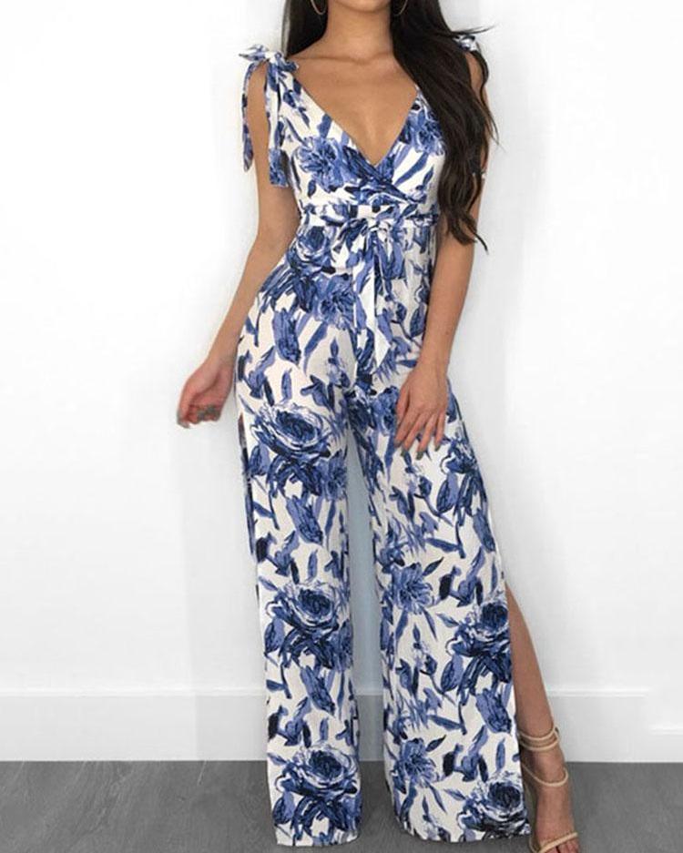 

Floral Tied Shoulder Slit Wide Leg Jumpsuit, Blue