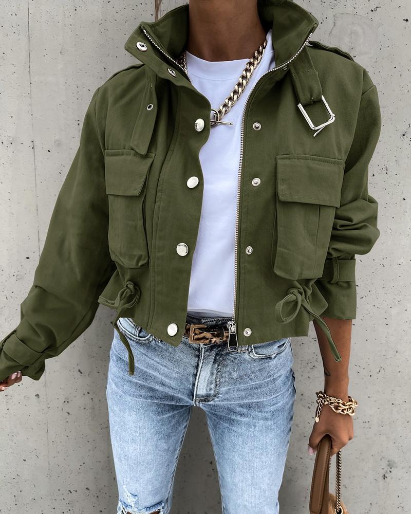 

Long Sleeve Buttoned Zipper Pocket Design Biker Jacket, Green