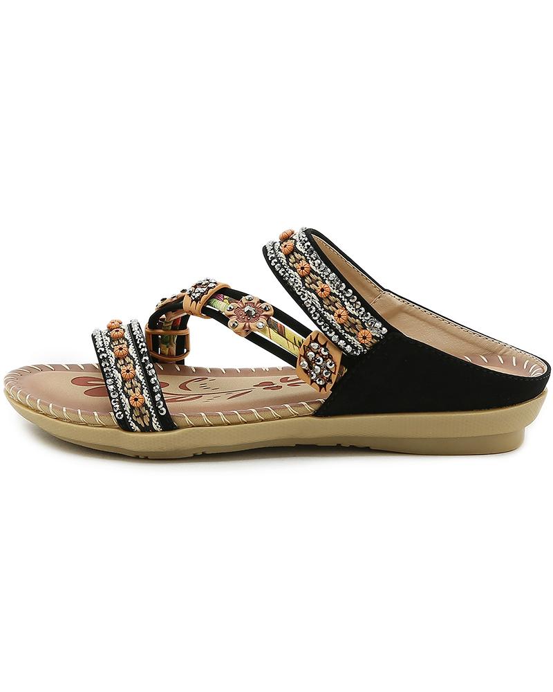 

Bohemian Floral Tribal Pattern Rhinestone Sandals, Black