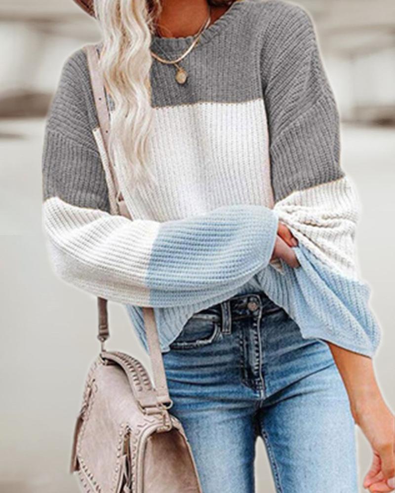 

Lantern Sleeve Colorblock Casual Knit Sweater, Gray