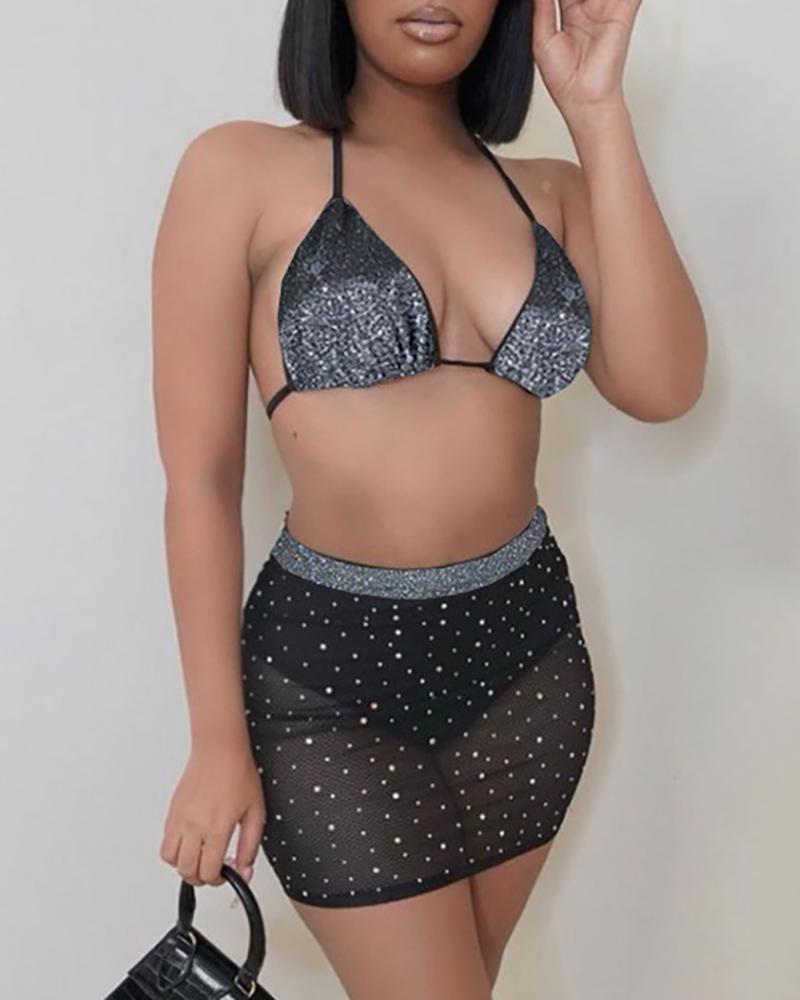 

Halter Glitter Top & Studded Mesh Skirt Set, Black