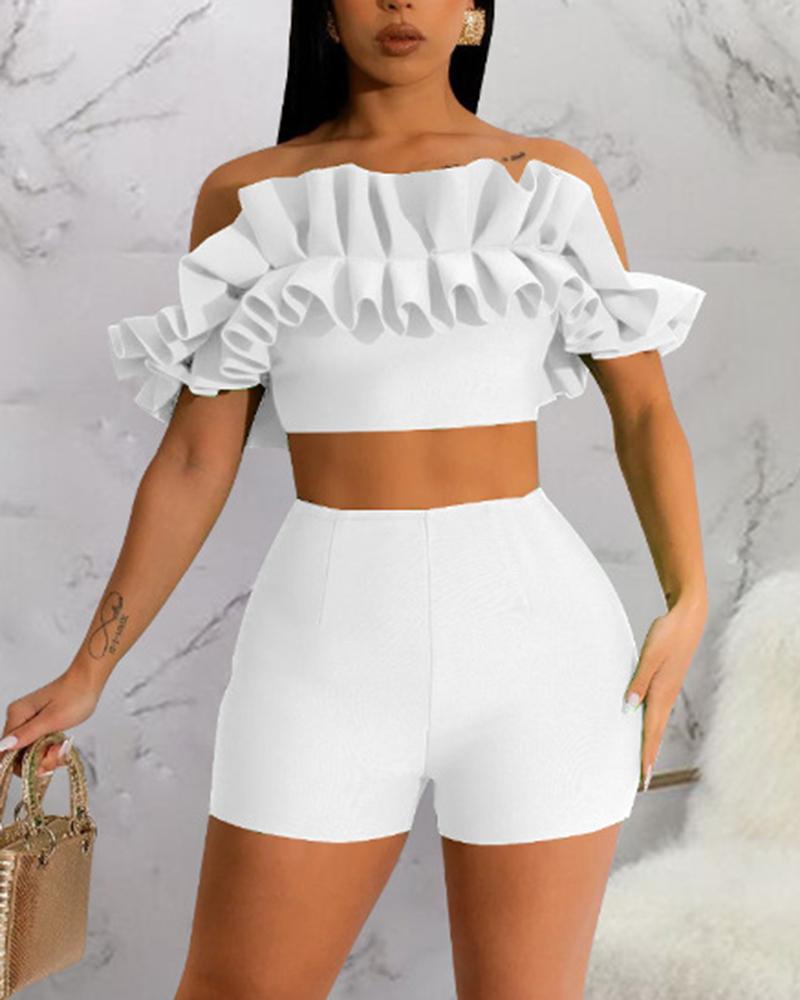 

Ruffle Hem Off Shoulder Crop Top & Shorts Set, White
