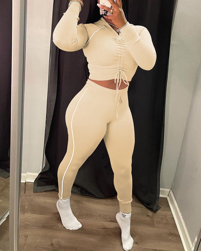 

Ruched Drawstring Long Sleeve Top & High Waist Pants Set, Khaki