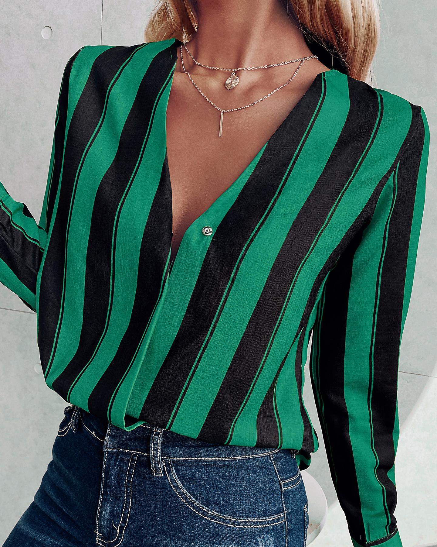 

Stripes Deep V Long Sleeve Casual Blouse, Green