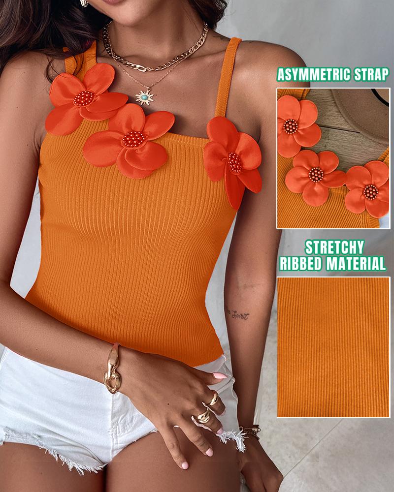 

1PC Floral Padrão Beaded Decor Malha Regata Camisa Sem Mangas, Orange