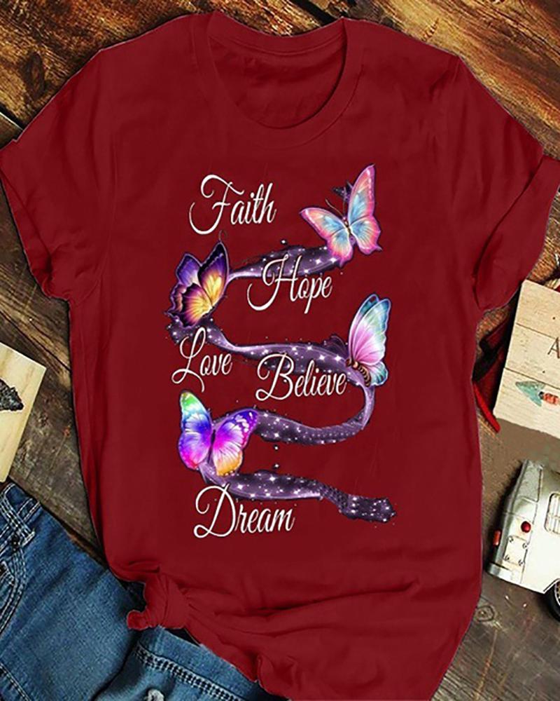

Letter Butterfly Print Short Sleeve T-shirt, Wine red