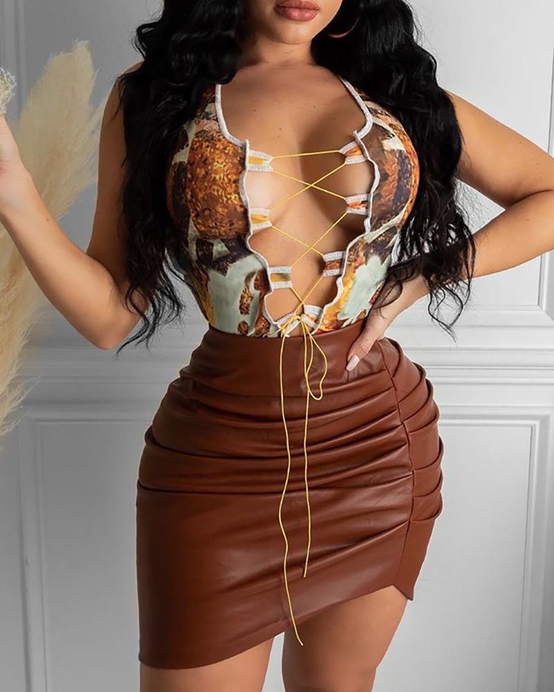 

PU Leather Asymmetrical Skirt, Brown
