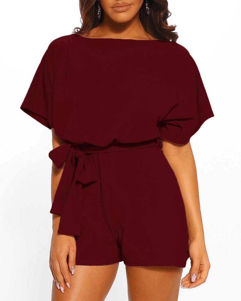 

Batwing Sleeve Keyhole Back Belted Romper Playsuit, Wine red