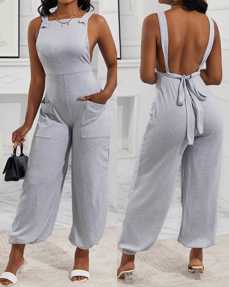 

Tied Detail Square Neck Backless Suspender Jumpsuit, Gray