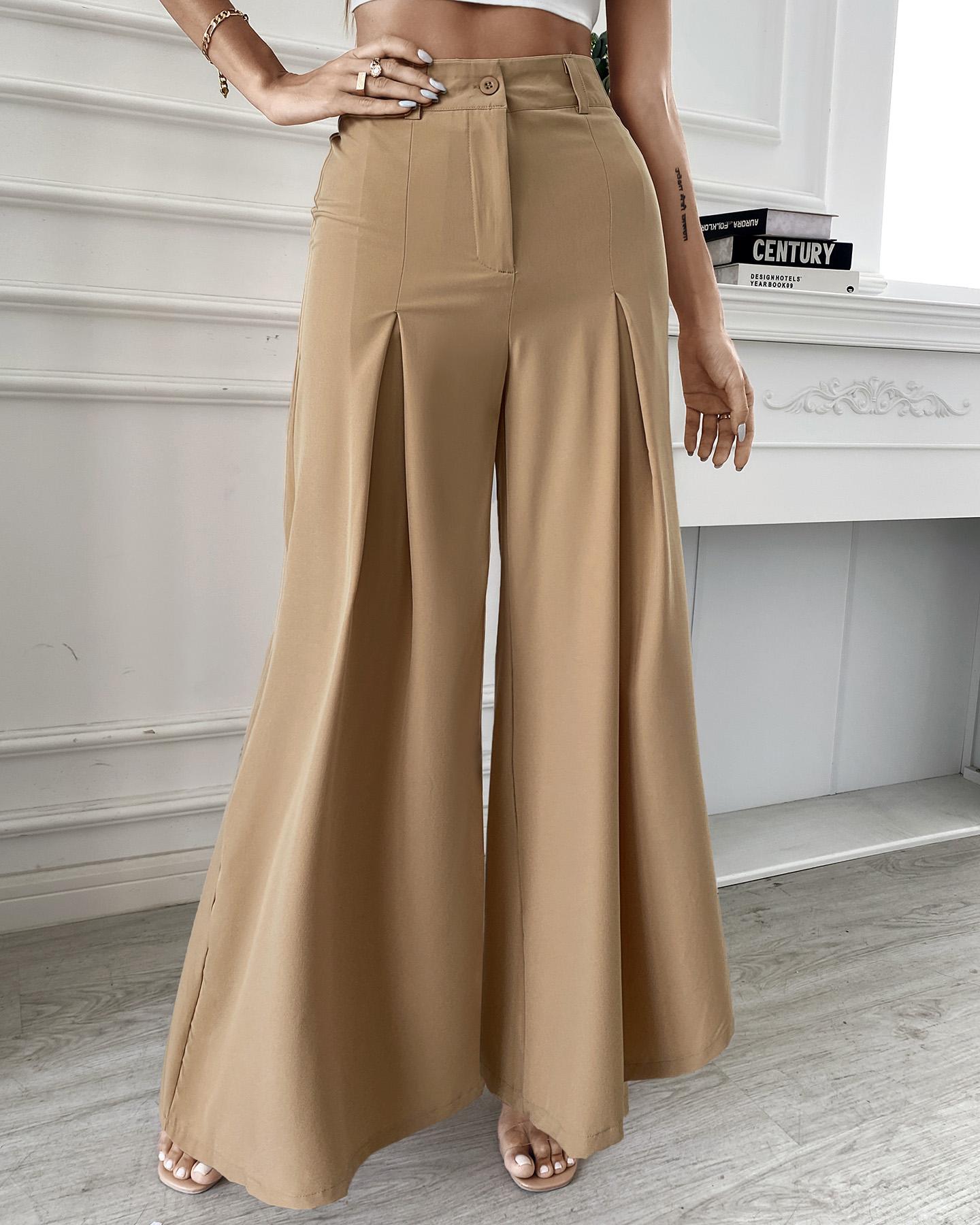 

High Waist Ruched Wide Leg Pants Without Belt, Khaki