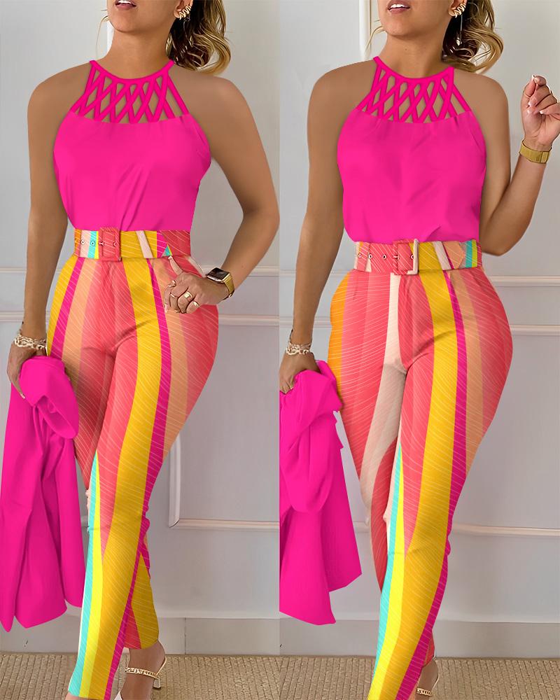 

Hollow Out Tank Top & Rainbow Colorblock Pants Set, Hot pink