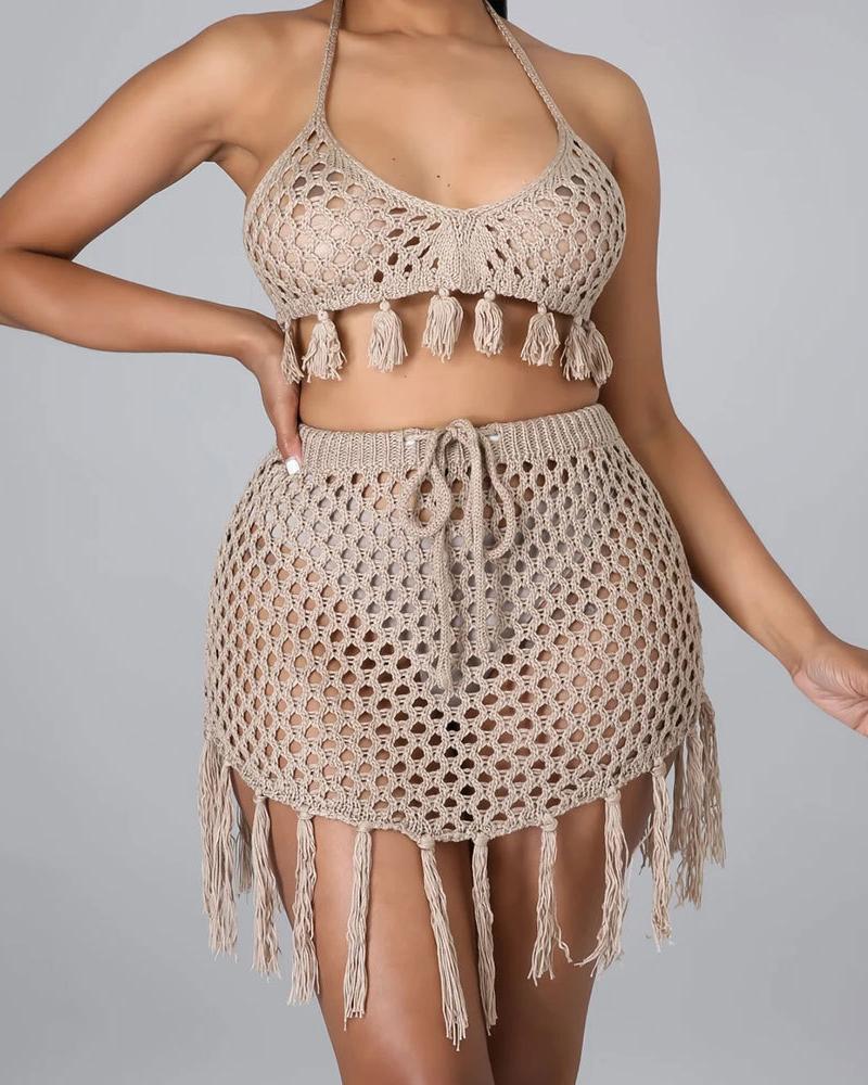 

Halter Tassel Decor Hollow Out Cover Up Set, Khaki