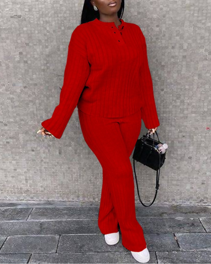 

Button Detail Long Sleeve Top & Pants Set, Red
