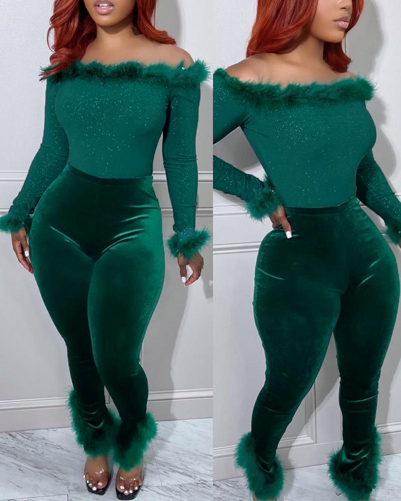 

Feather Trim Off Shoulder Glitter Top & Pants Set, Green