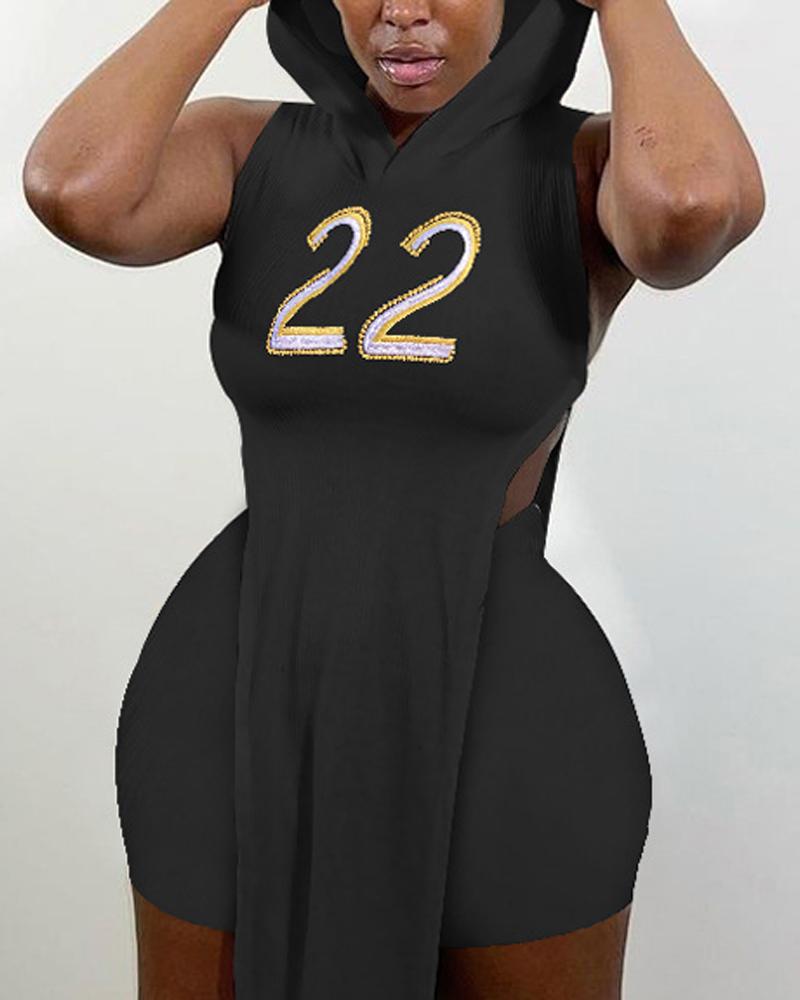 

Number Embroidery Split Hem Hooded Top & Shorts Set, Black