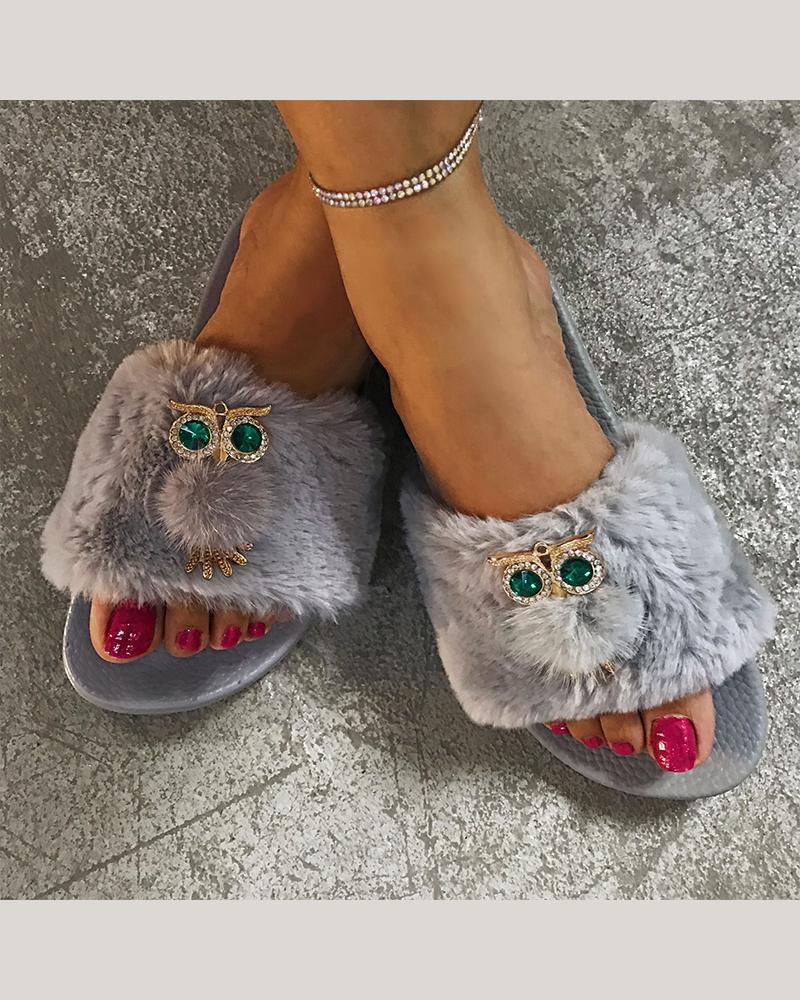 

Open-toed Fur Striped Platform Slippers with Owl Pattern, Gray