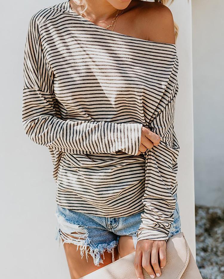 

Pinstripes Skew Neck Bat-Wing Sleeve T-Shirt, Apricot