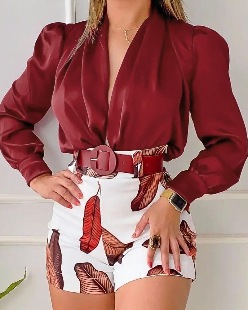 

Long Sleeve Satin Top & Leaf Print Shorts Set, Wine red