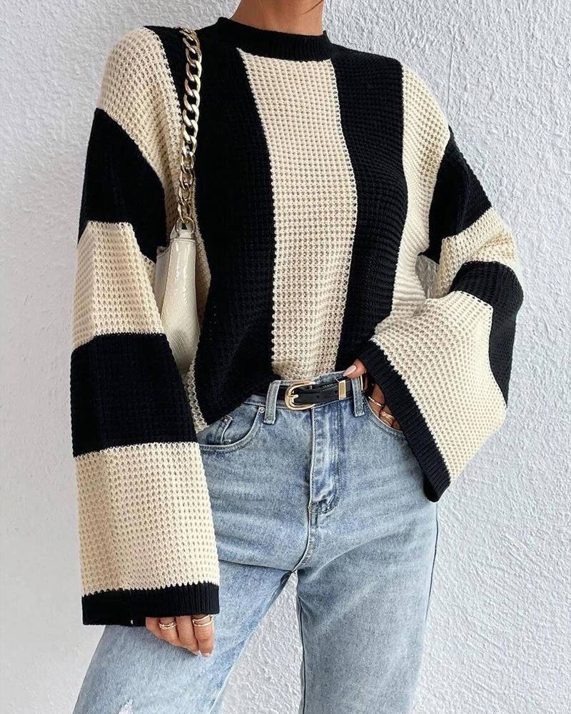 

Striped Colorblock O-Neck Knit Sweater, Apricot